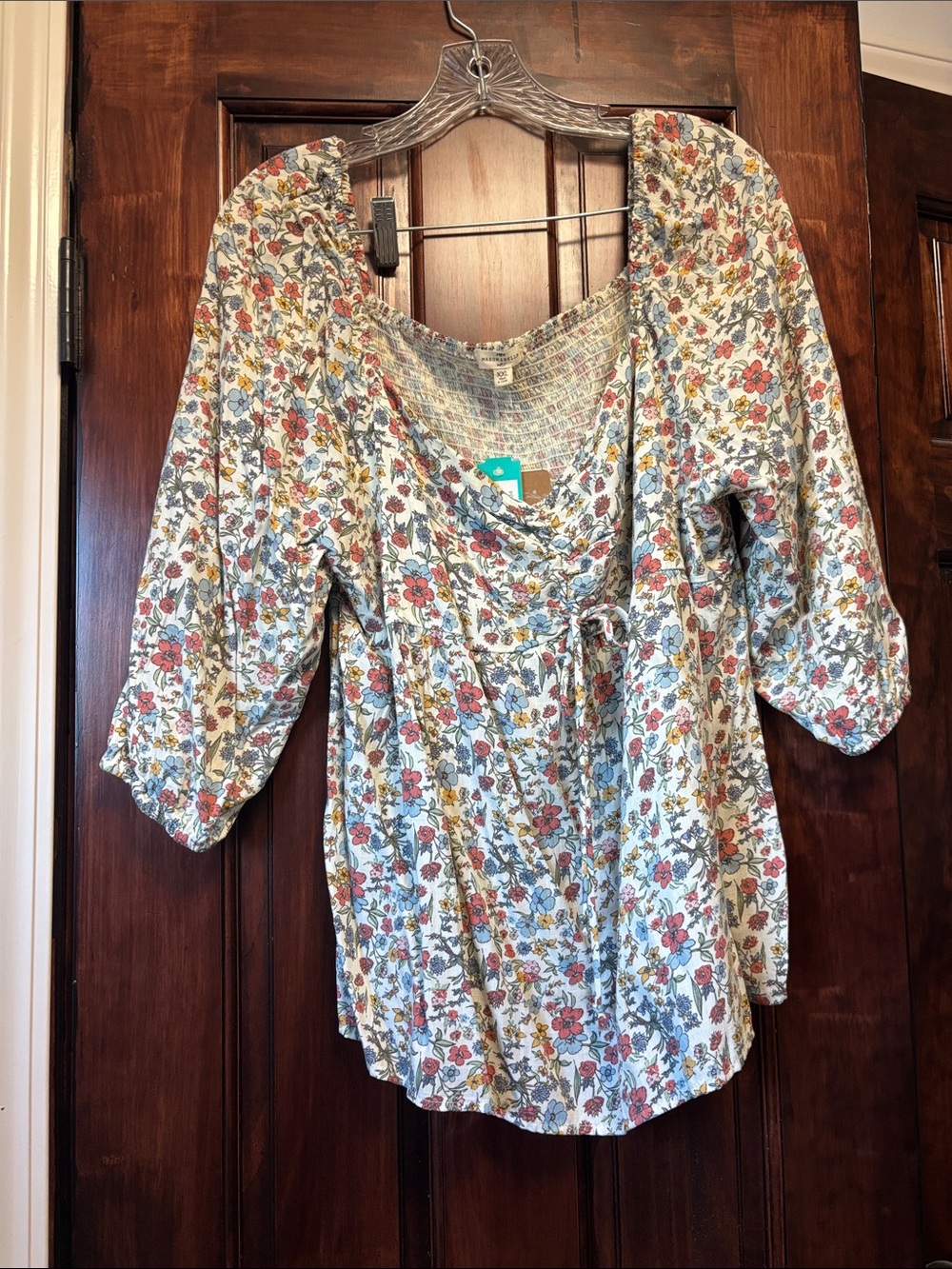 NWT Floral Smocked Peasant Blouse - Cream with Pink & Blue Flowers